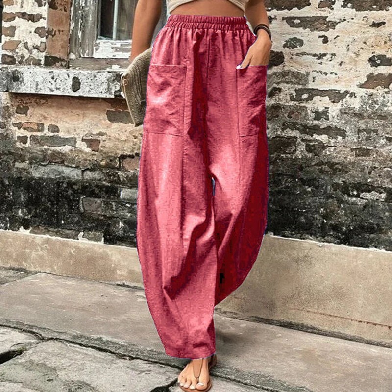 Summer Womens Cotton Linen Breathable Baggy Harem Pants Elastic Waist Trousers