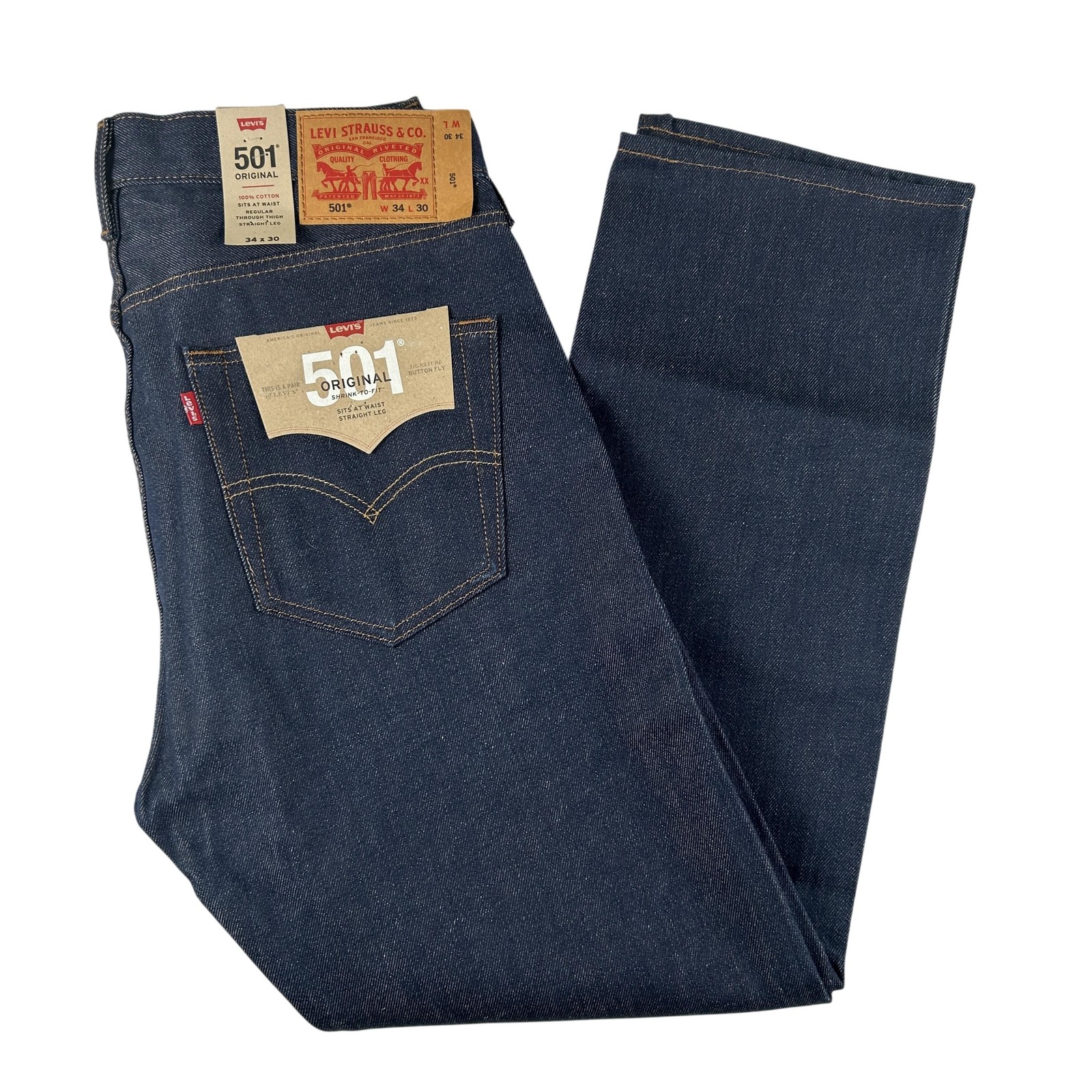 Levis 501 Jeans Mens 34×30 Raw Denim Regular Straight Button Fly Shrink-To-Fit