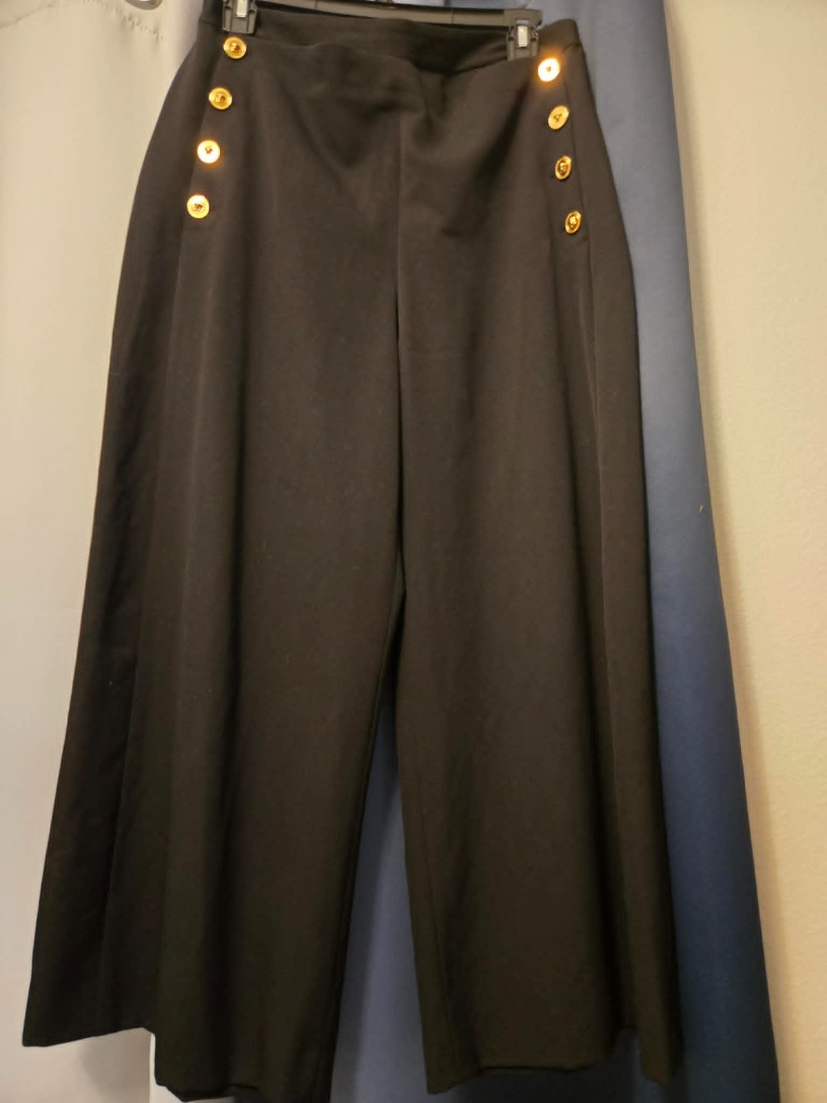 Versace Black Wide Leg Wool Stretch Sailor Pant Gold/ Blk Medusa Button
