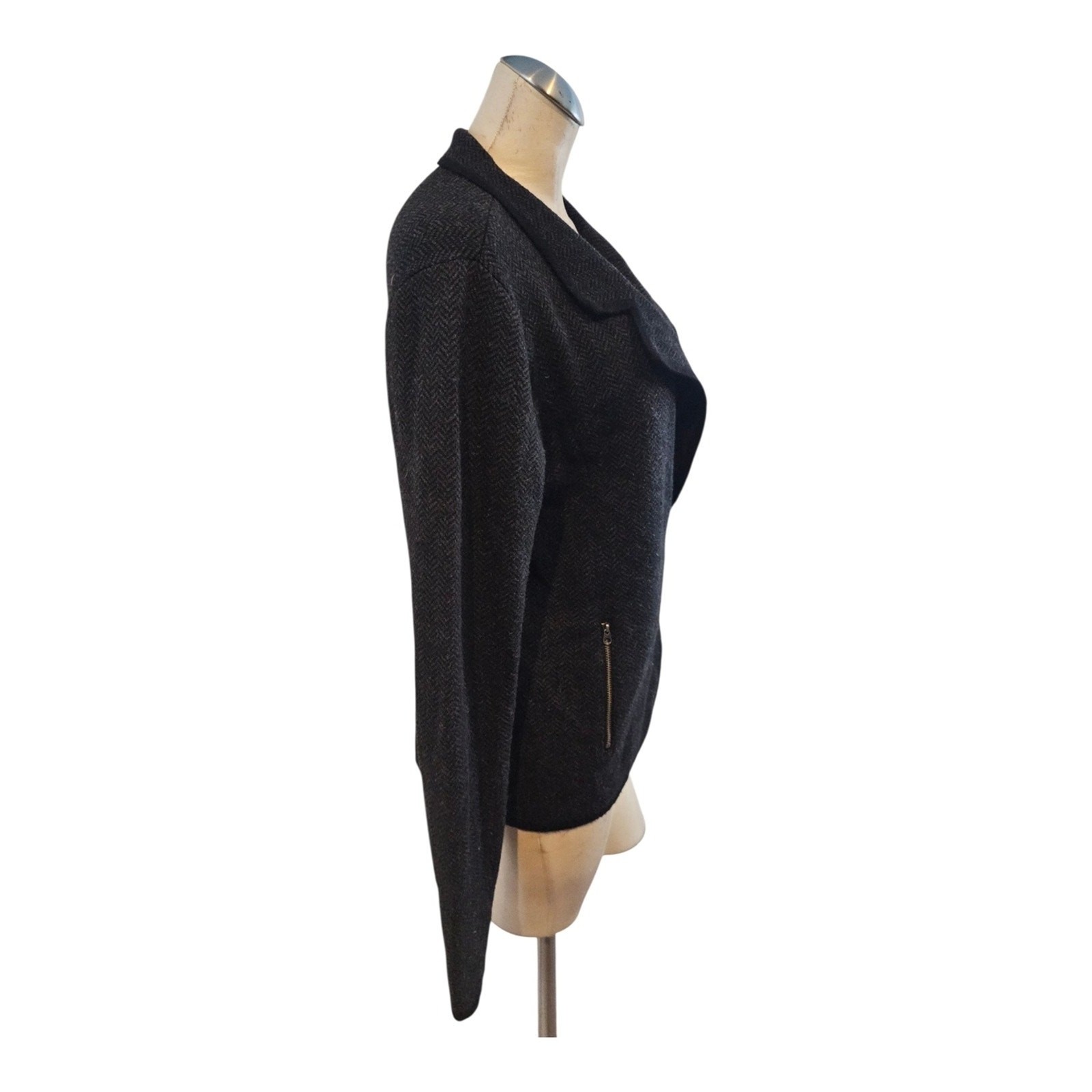 Tahari Size L Herringbone Asymmetrical Zip Wool Blend Moto Cardigan