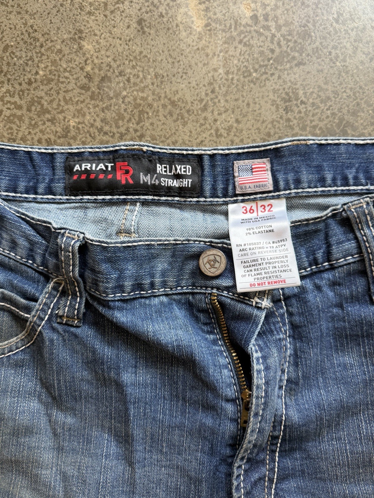 Ariat Men’s Relaxed Straight Blue Denim Jeans FR Stretch 5-Pocket Mid Rise