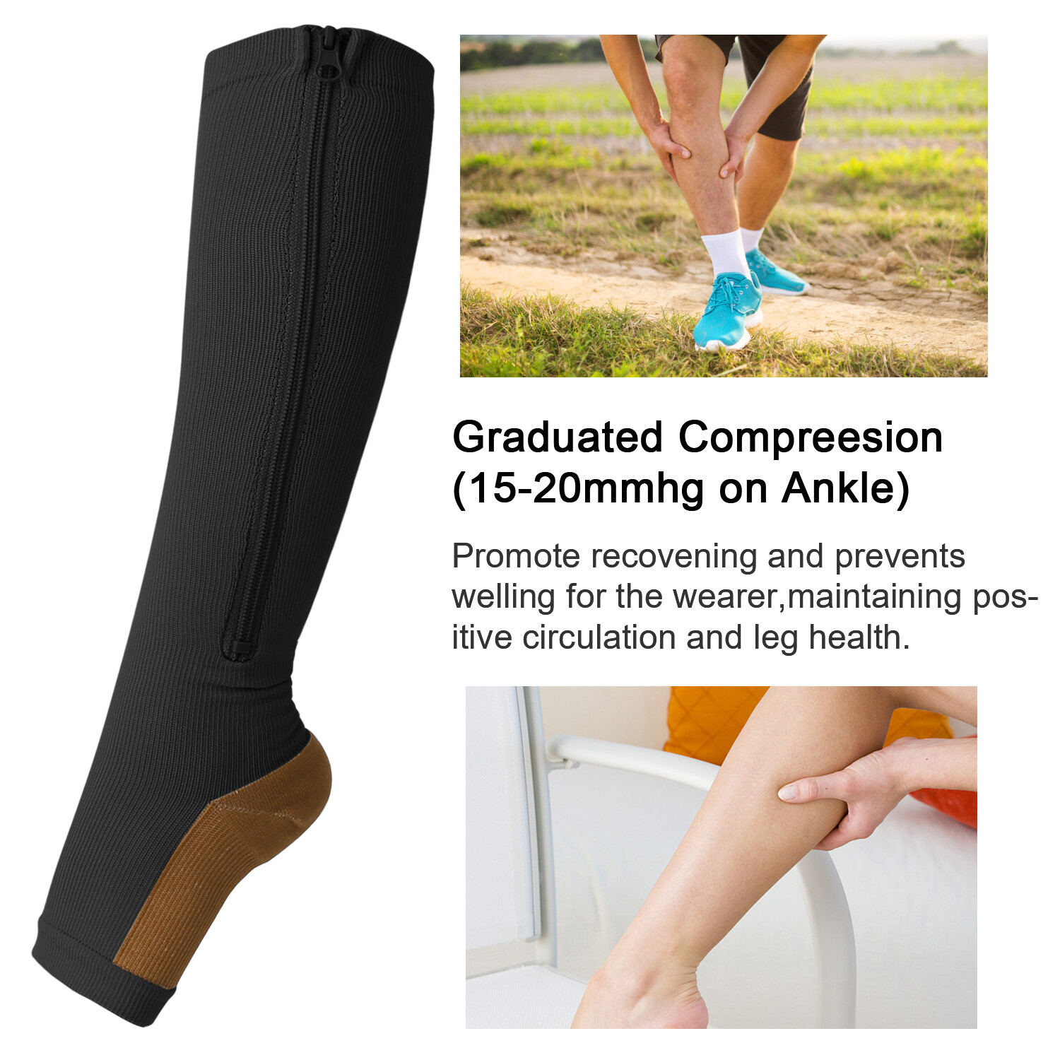 Knee High Compression Socks with Zipper – Foot & Calf Support for Pain Relief