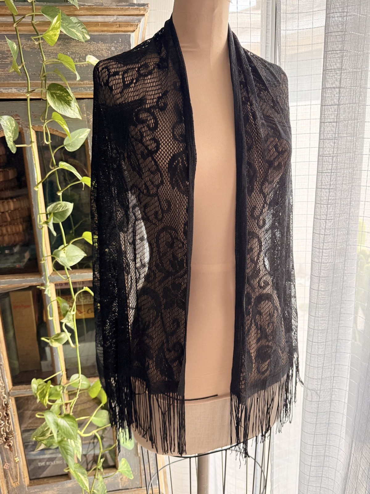 Black Floral Lace Wrap Scarf Shawl with Tassels Multifunctional