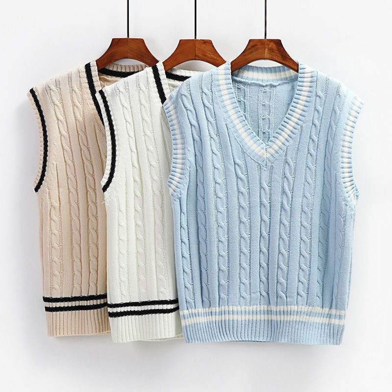 Women’s Preppy Knitted Sweater Vest V Neck Striped Sleeveless Pullover Top