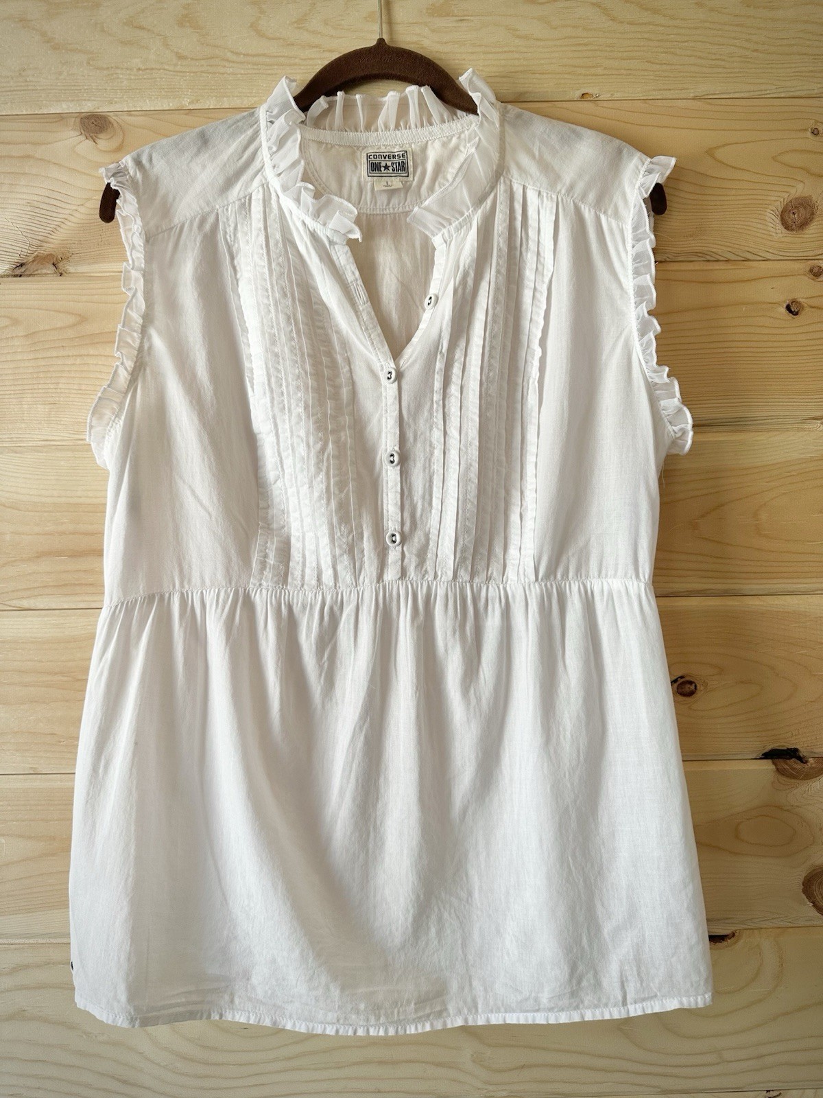 Converse One Star White Ruffle Neck Sleeveless Blouse Pintuck Peasant Top L
