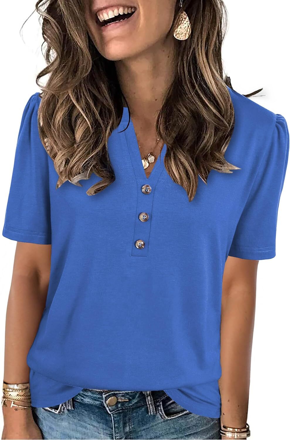 Short Sleeve Womens Casual Shirt Loose Fit V Neck Summer Top Soft Breathable
