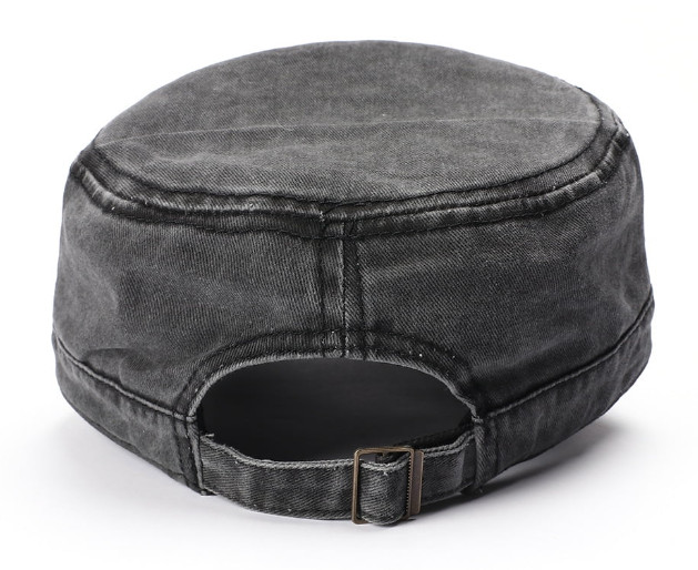 Black Washed Vintage Flat Top Cap, Cotton Military Cadet Army Caps Unique Design