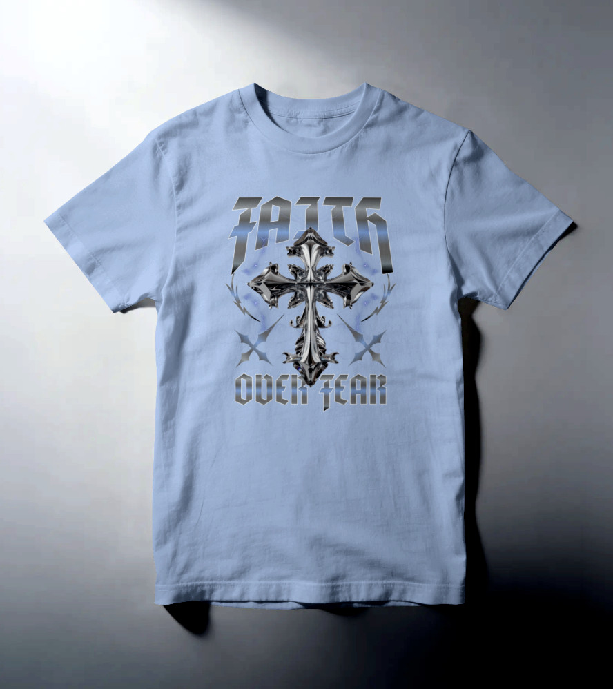 Christian T-shirt Faith Over Fear, XL, Light Washed Denim, faith, God, Jesus,Men