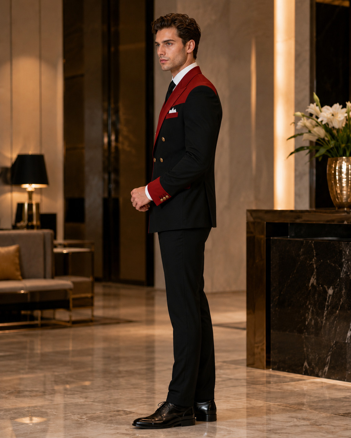 Mens Black Red Double Breasted Tuxedo Suit Gold Button Wedding Groom Prom Wear