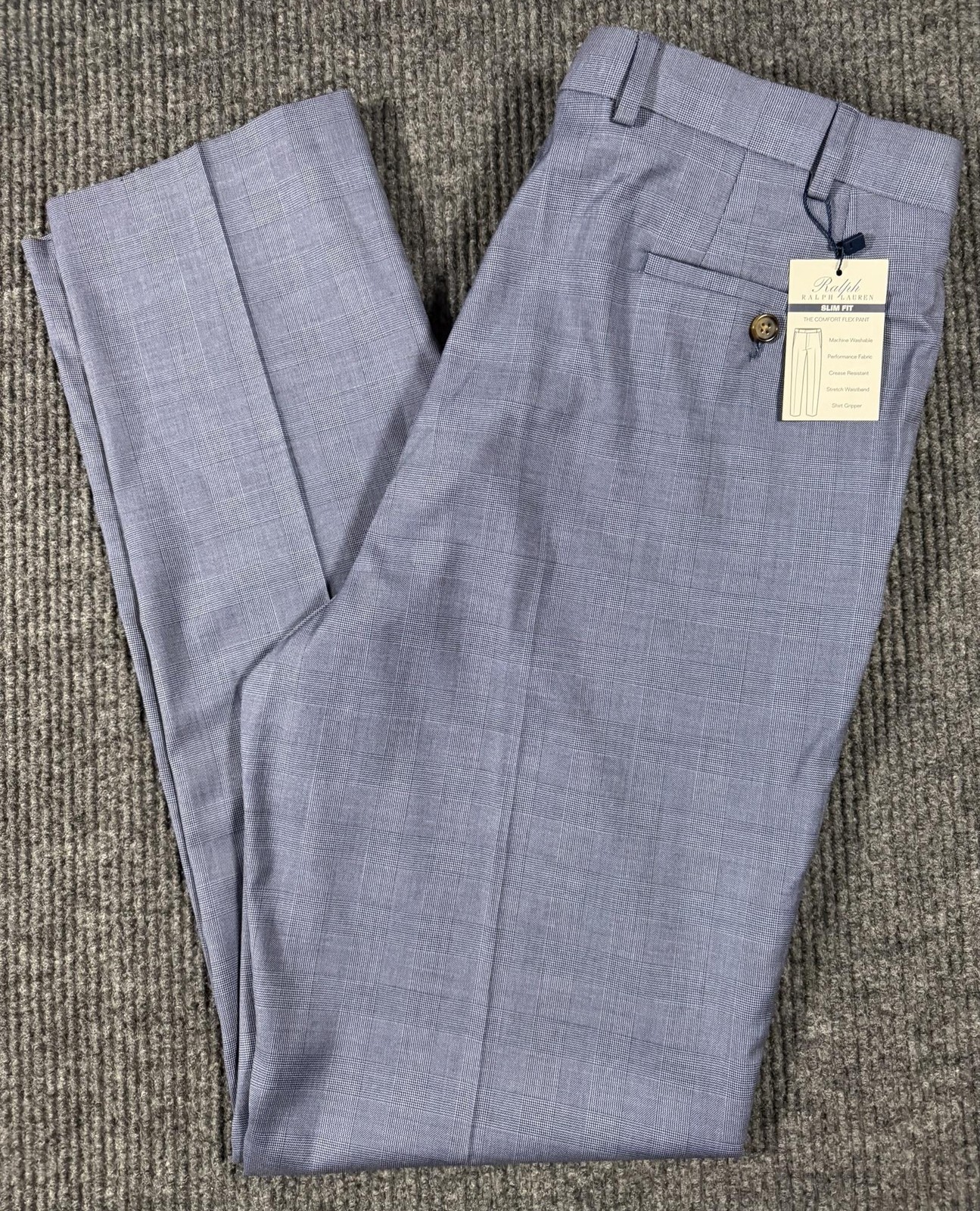 Ralph Lauren Dress Pants Mens 38×34 Slim Fit Comfort Flex Blue Check Formal NEW