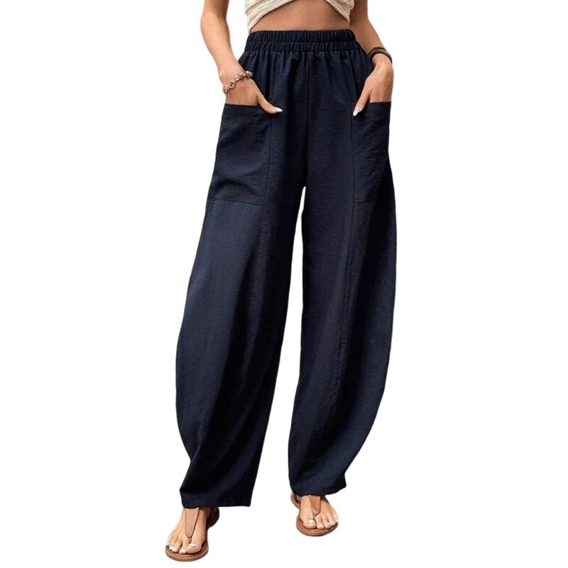 Summer Womens Cotton Linen Breathable Baggy Harem Pants Elastic Waist Trousers