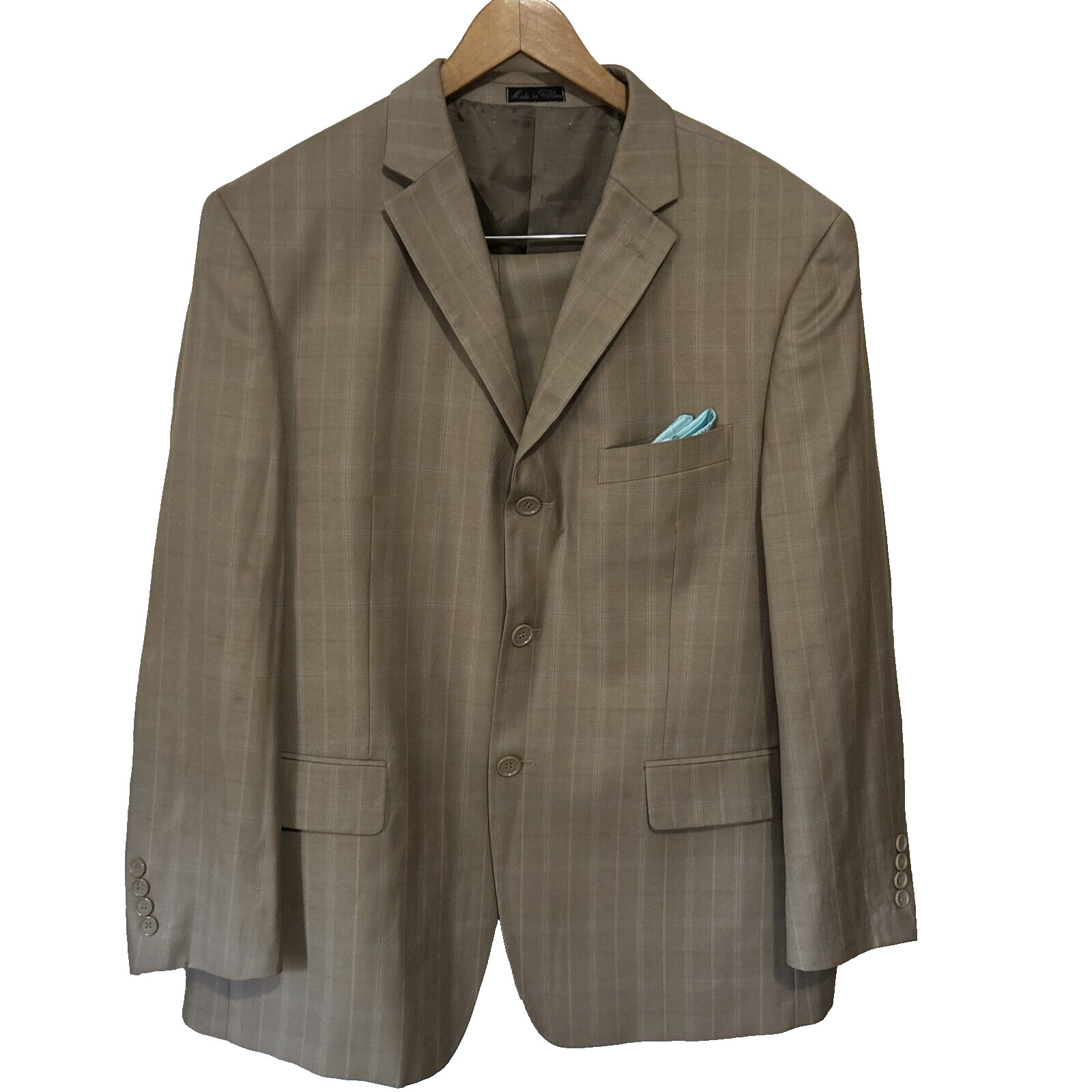 Lineage Men’s Suit Pant 38S Blazer 44S Tan Plaid Cuffed Business Stretch EUC