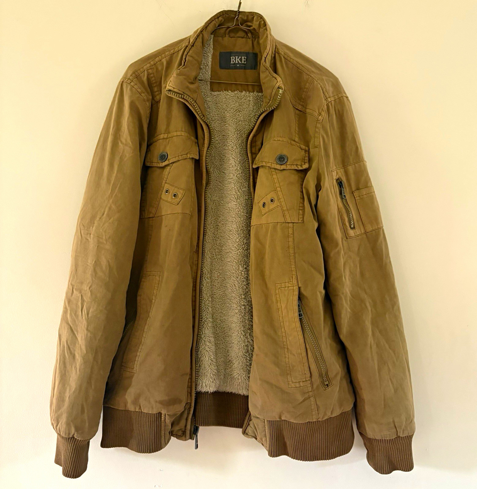 BKE Men’s Brown Bomber Jacket Sherpa Lined Zip/Button Pockets Size M