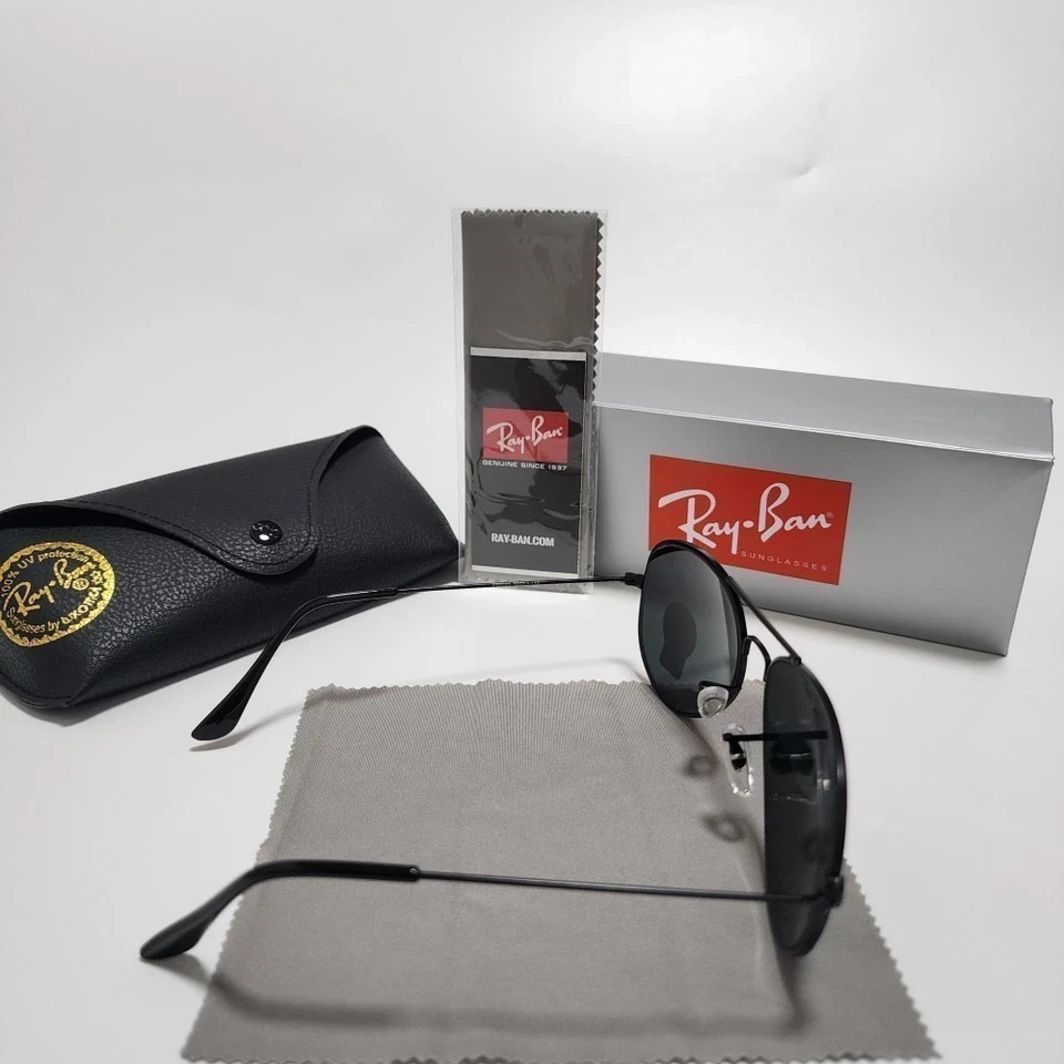 Ray-Ban Aviator Pilot Sunglasses Black Frame Glass Gray Lens 58-14mm