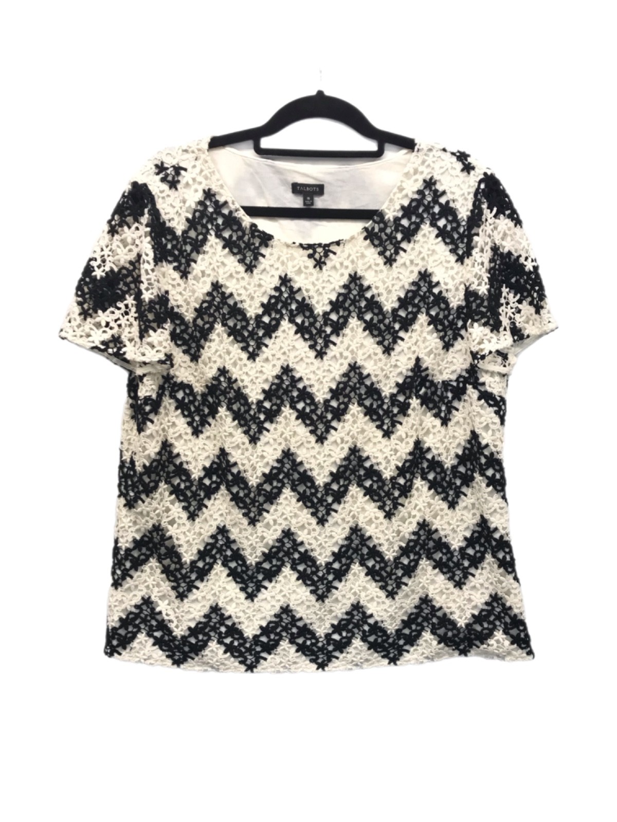 TALBOTS Blouse Top Shirt Women’s Size 16 Short Sleeve Chevron White Black Lace
