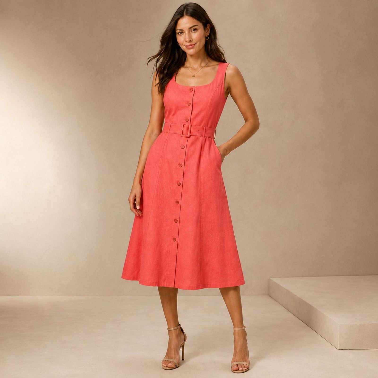 Banana Republic Factory NWT Women’s Size 16 Coral Pink Belted Button Front Midi