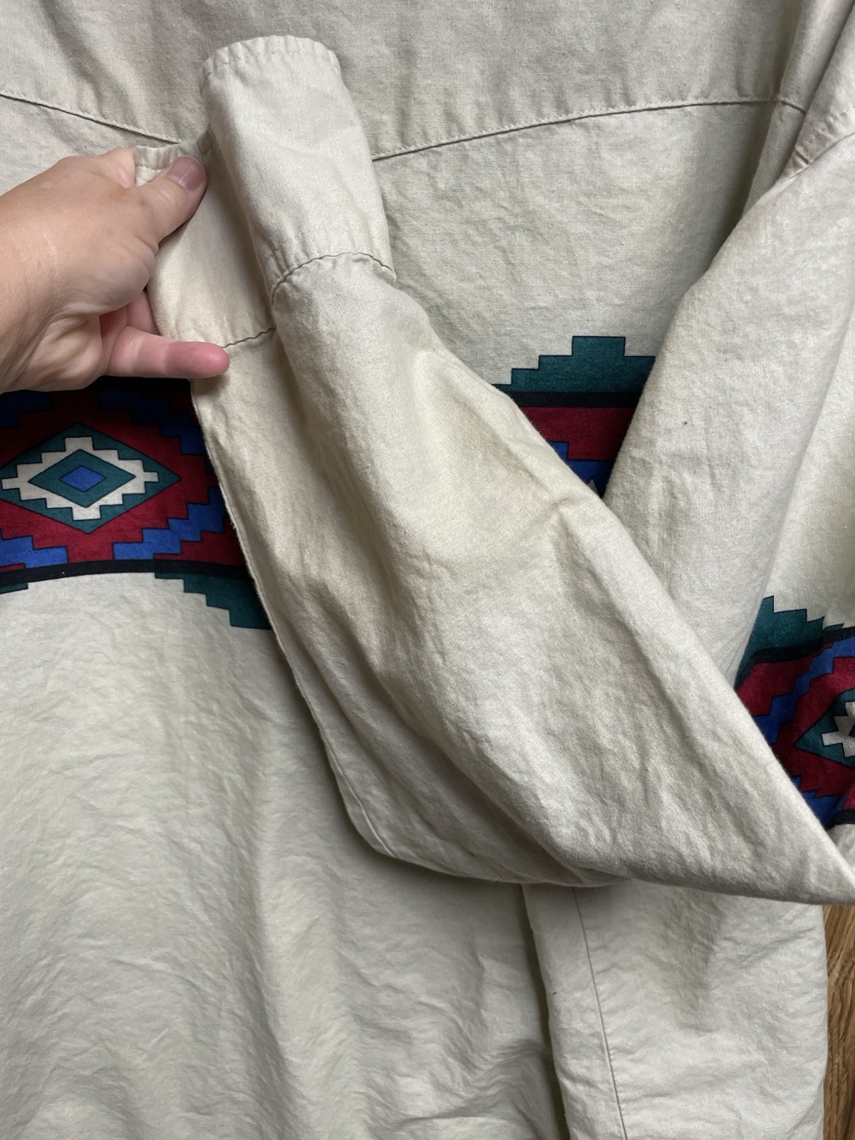 VTG Rustler by Wrangler Brushpopper Mens 2XT Pearl Snap Shirt Aztec Cowboy Tan