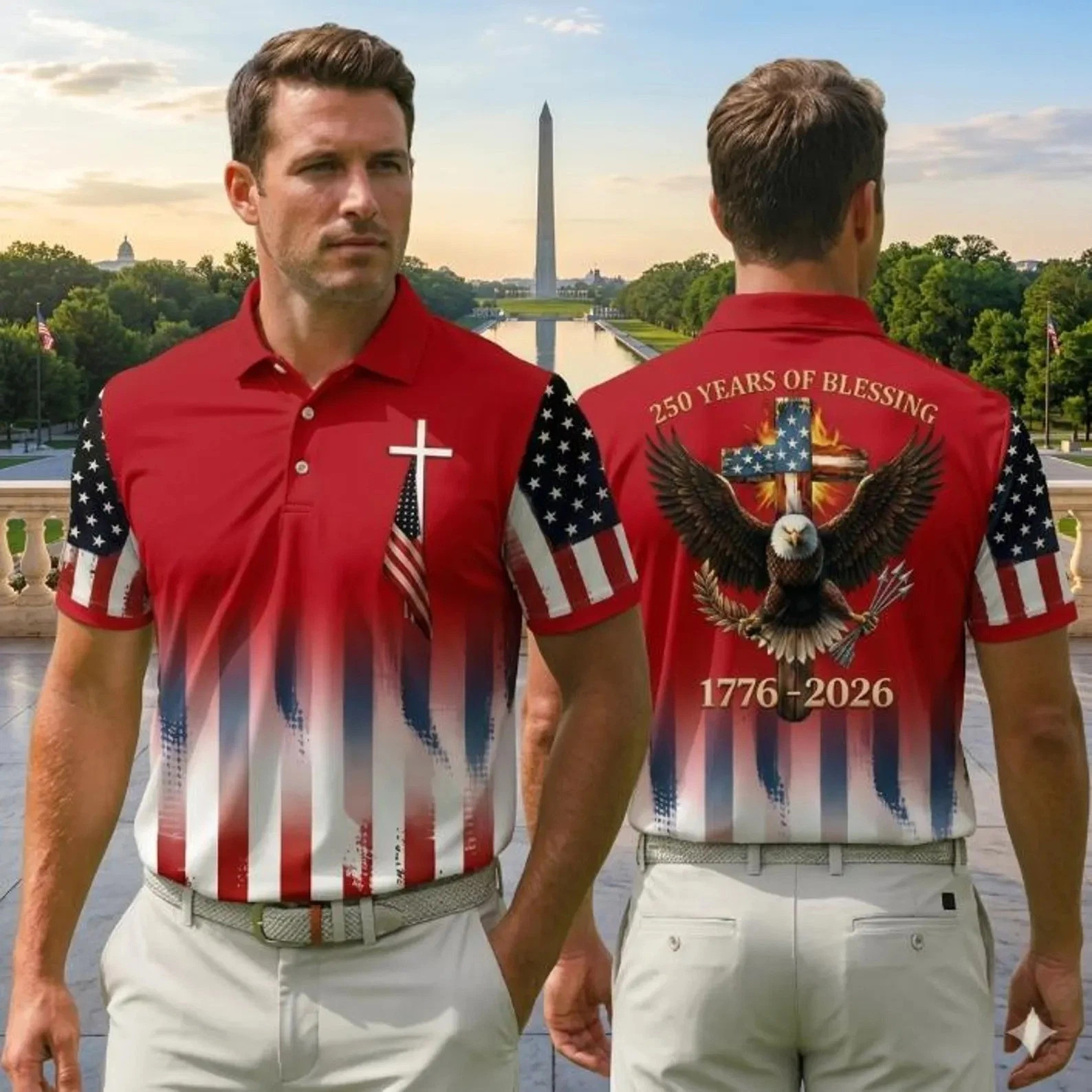250th Anniversary Golf Polo Shirt, Christian Patriotic Cross Polo,Fourth Of July
