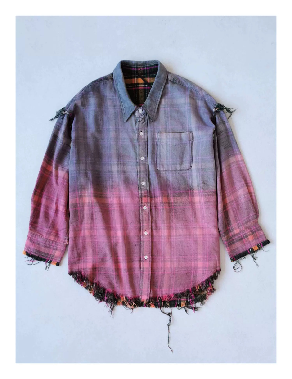 R13 26SS Reversible Shredded Seam Drop Neck Shirt purple multi/green Size S
