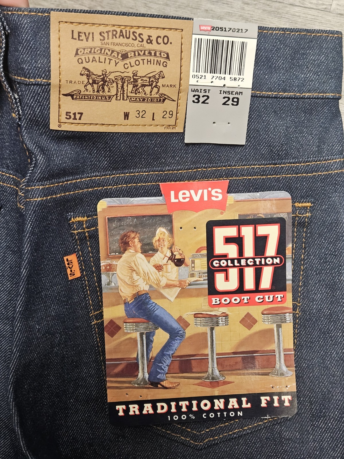 Vintage 80s Orange Tab Levi’s 517 Boot Cut Jeans Dark Indigo Blue Raw 32×29 USA