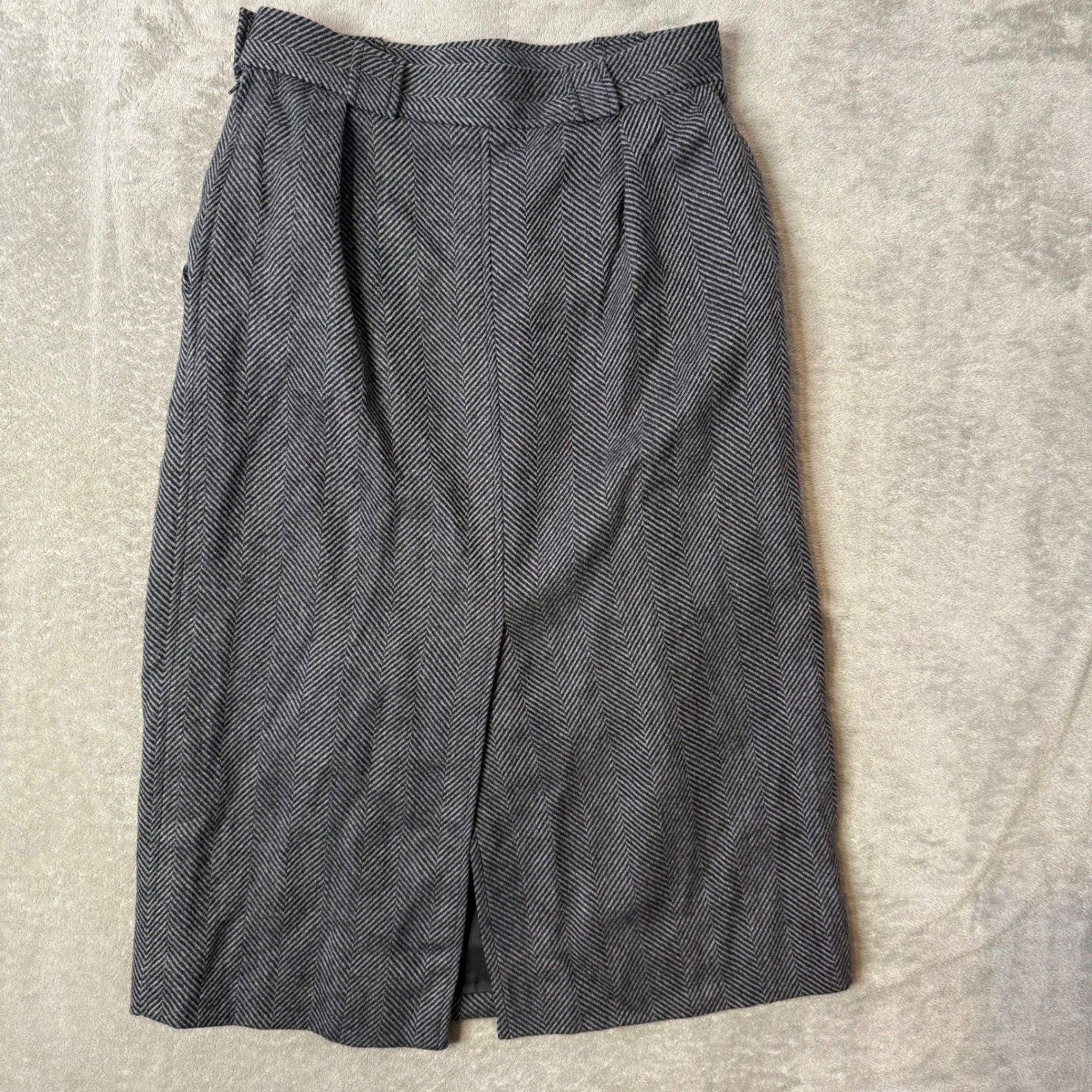 Vintage Yves Saint Laurent Variation Wool Herringbone Midi Skirt Gray Size 40