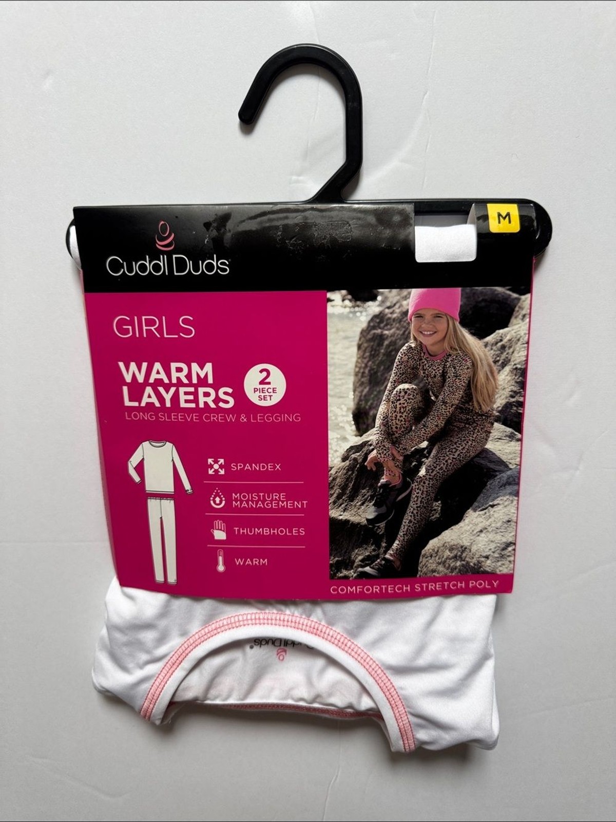 Cuddl Duds Girls White Top with Red/Pink Trim and leggings – Warm Layers Set
