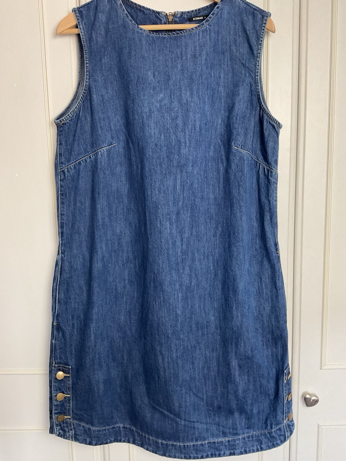 Roman Sleeveless Denim Dress UK 14 Blue Pockets Tunic A Line Knee Length Cotton