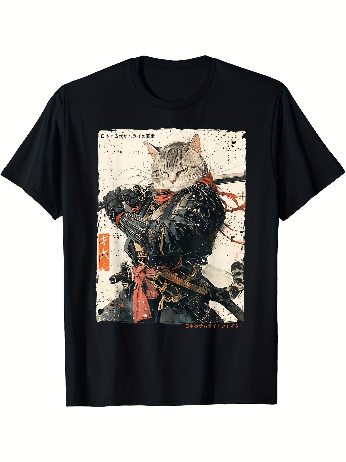 Samurai Cat Warrior Graphic T-Shirt Ukiyo-e Japanese Ink Art Tee