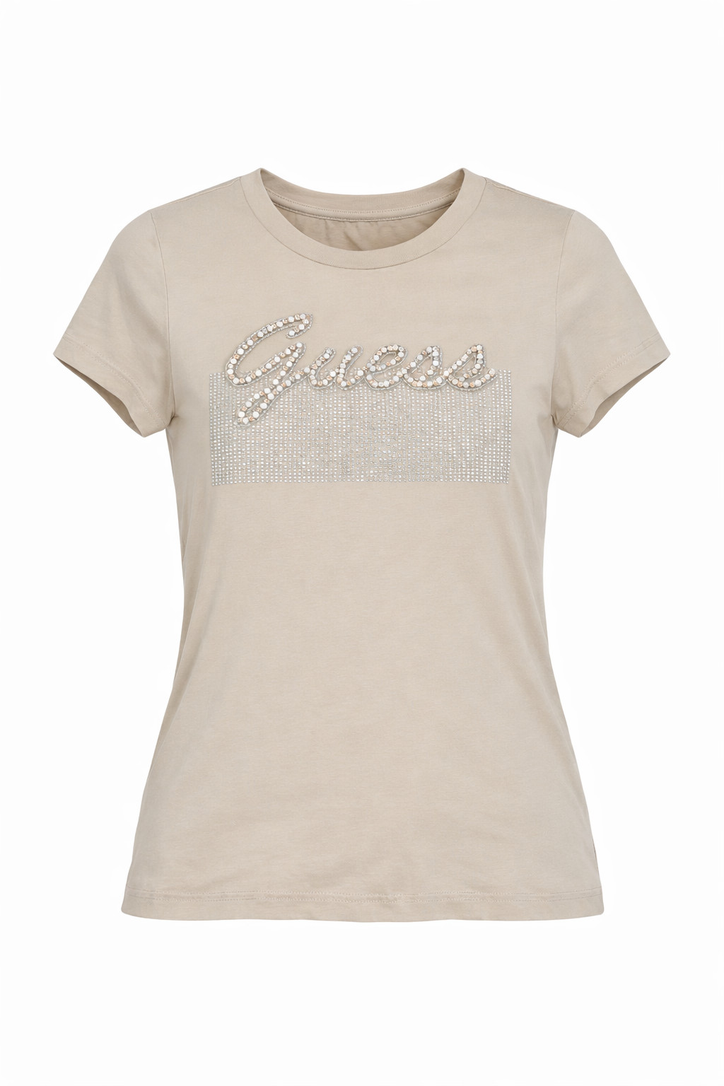 Women’s GUESS Logo T-Shirt Rhinestone Embellished Beige Size S New Without Tags