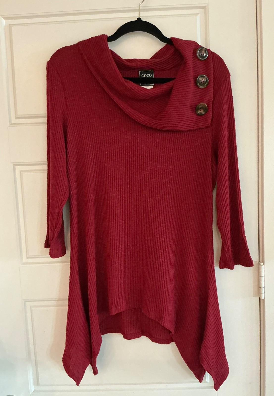 Coco Bianco Woman’s Extra Large Burgundy Button Decor Cowl Neck Tunic Top NWT