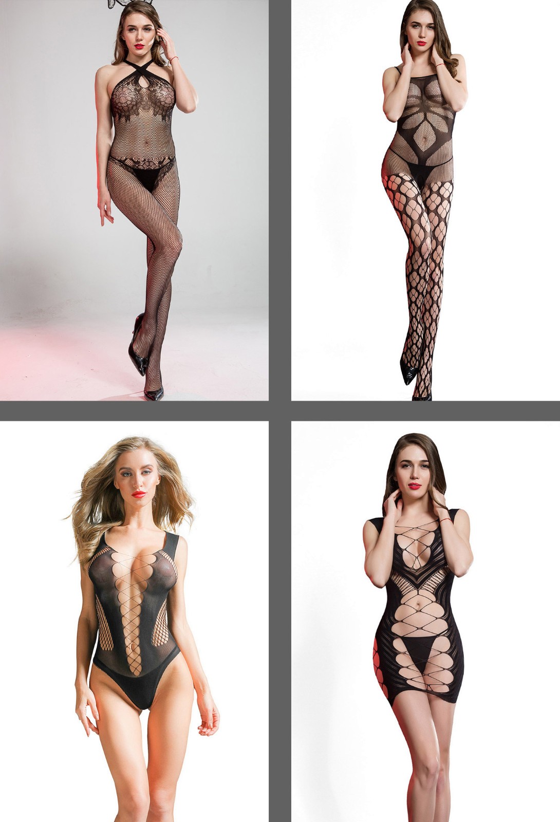 4-Pack Fishnet Mesh Bodystocking Lingerie Bodysuit Bodycon Sexy Sheer Stretchy