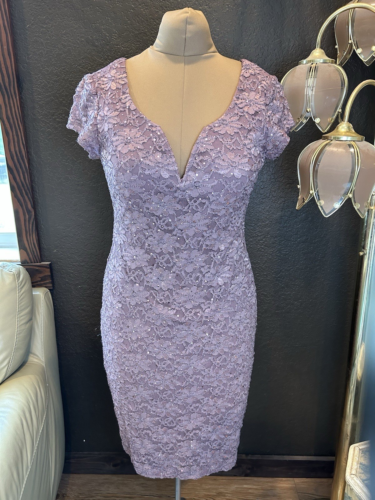 connected apparel Lavender Lace Notch-Neck Midi Dress Size 6
