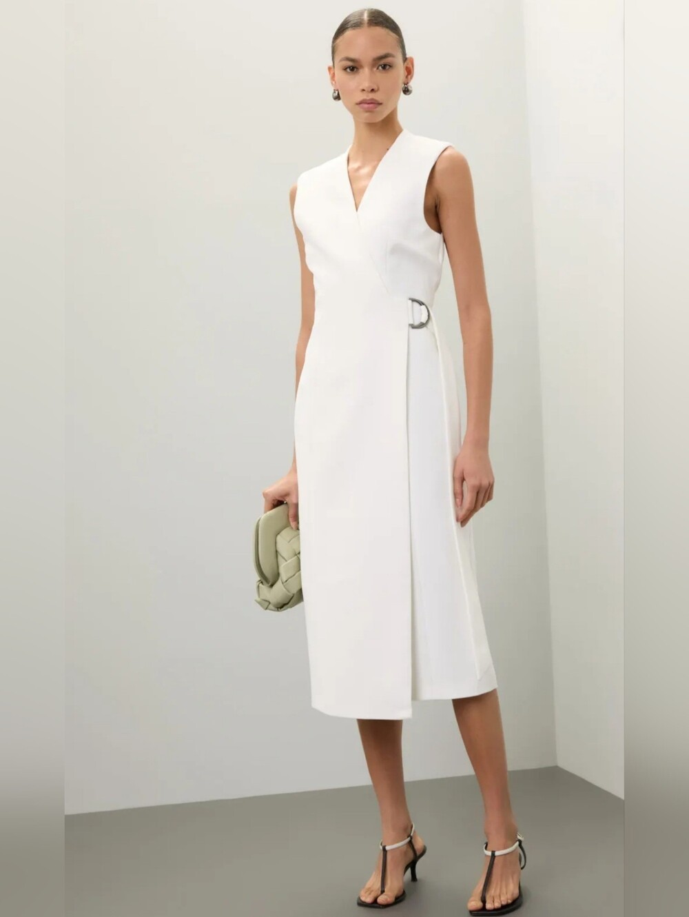 NWT Ted Baker London White Sleeveless Wrap Midi Dress V-Neck Buckle Size 6