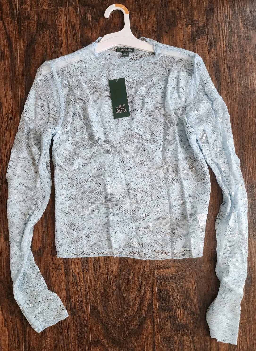 WILD FABLE Womens Long Sleeve Lace Sequin Top Blouse Sheer Light Blue, Small