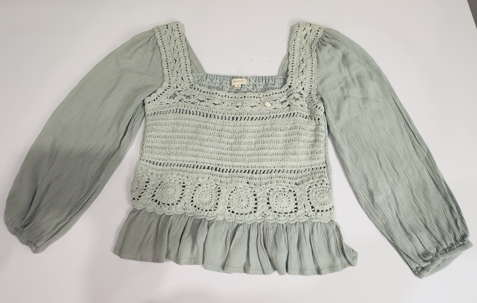 Sim & Sam Crochet Smocked Peplum Top M Medium Light Sage Green Long Sleeve Boho