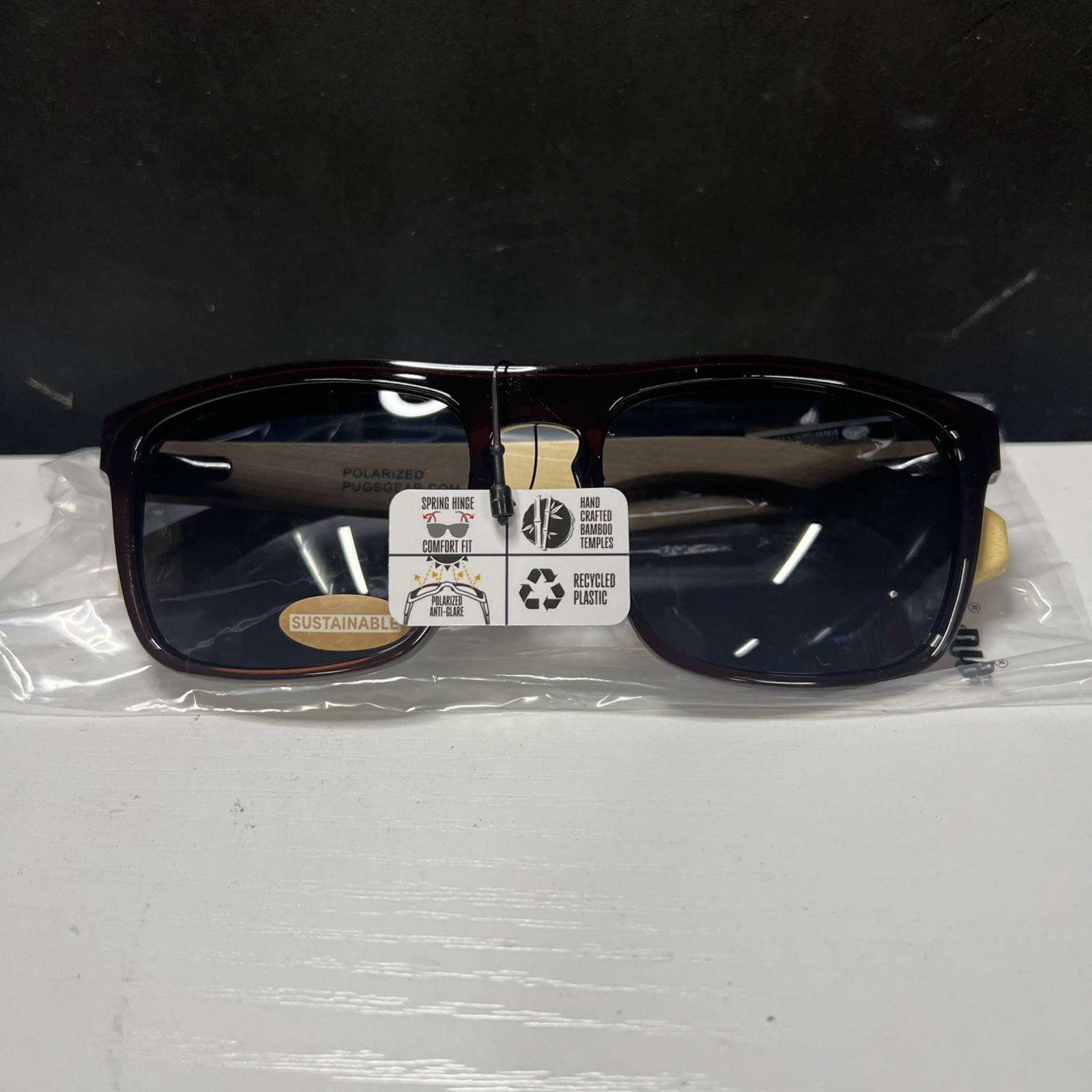 Pugs Premium PR1 Sunglasses with Brown/Bamboo Frame & Black Lenses New UV400
