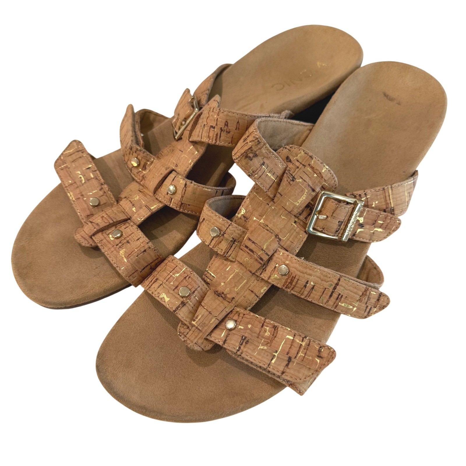 Vionic Radia Cork Gold Metallic Wedge Sandals Womens Size 11 Adjustable Straps