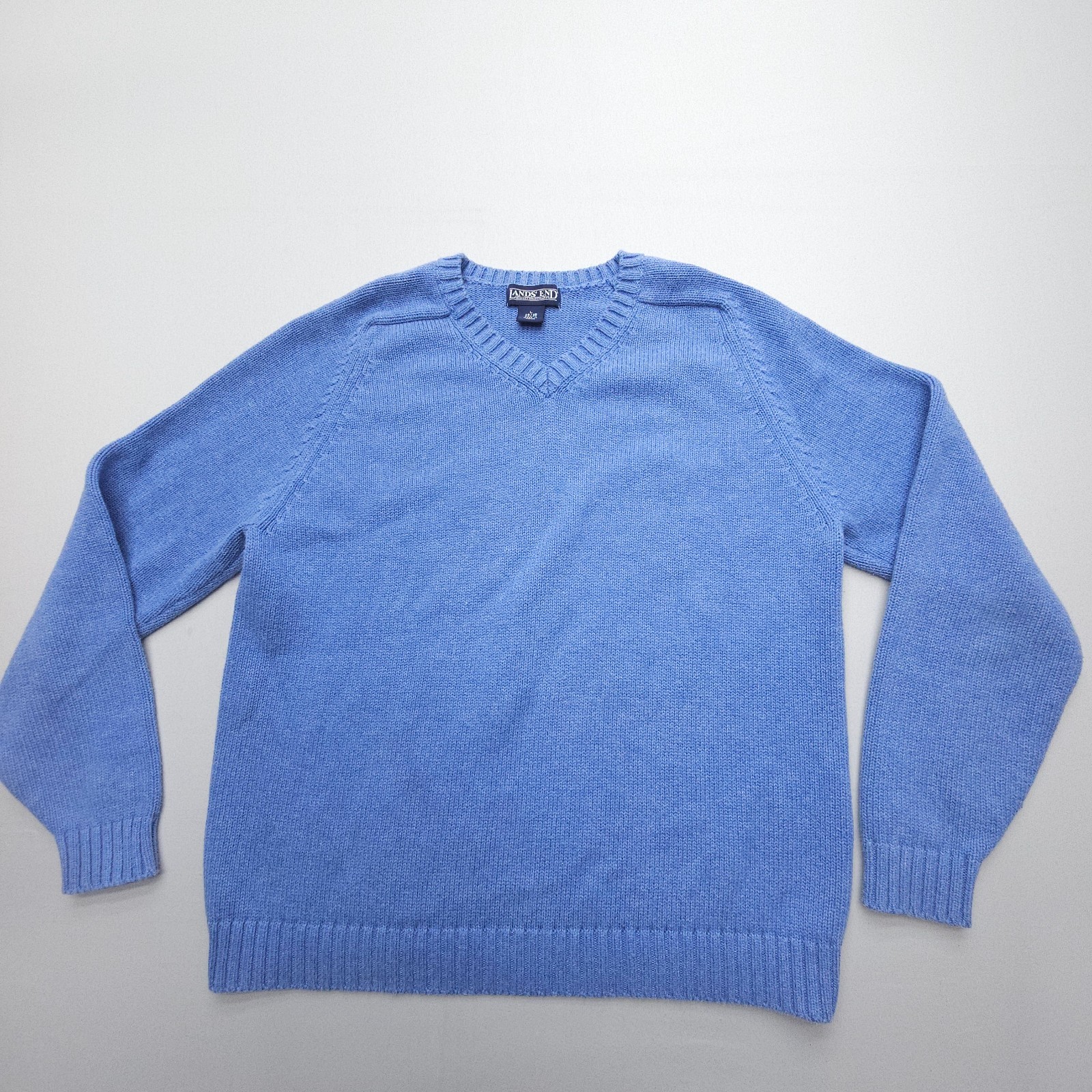 Lands End V Neck Sweater Womens Large Blue 100% Cotton Made in Japan Vtg Y2K