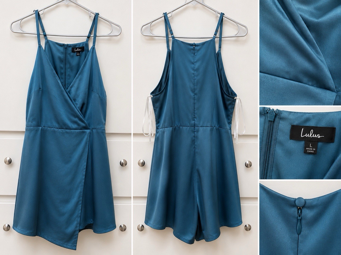 Lulus Blue Satin V-Neck Wrap-Front Sleeveless Romper L Zip Adjustable Straps
