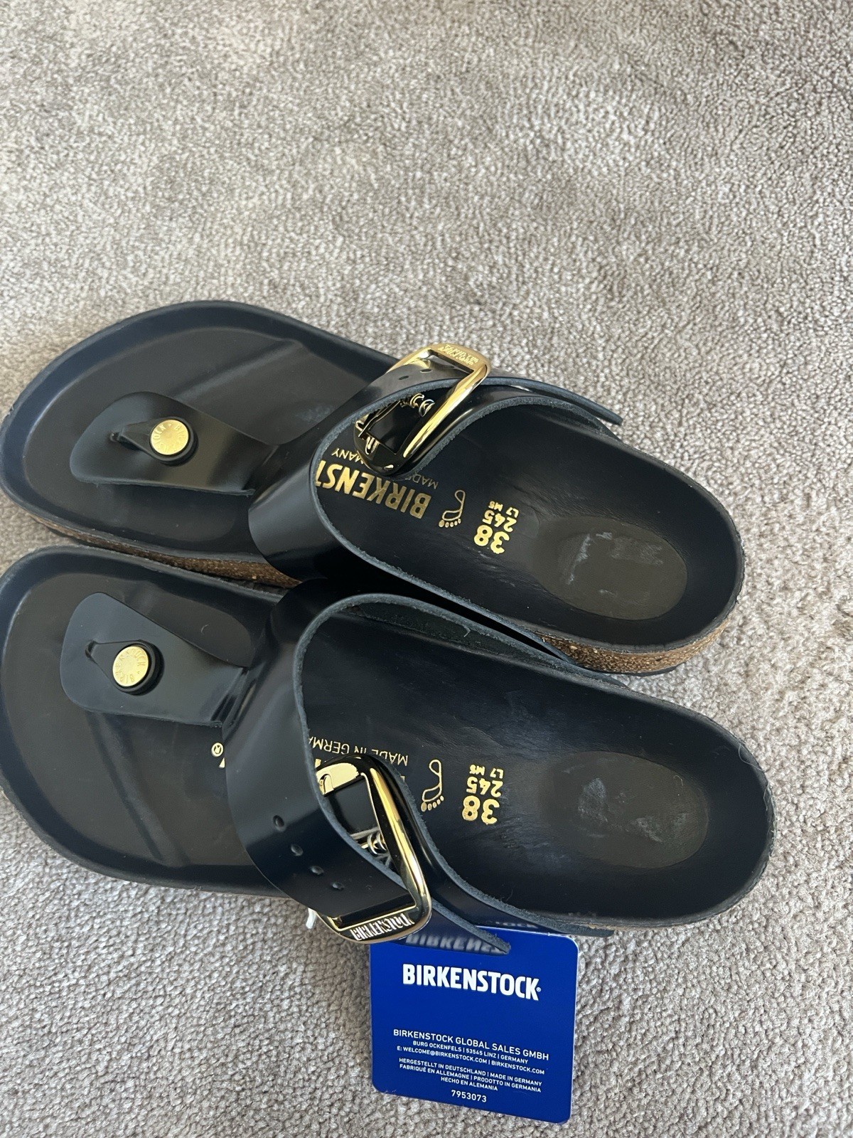 Birkenstock Black High Shine Leather Gizeh Big Buckle Sandal Size 39
