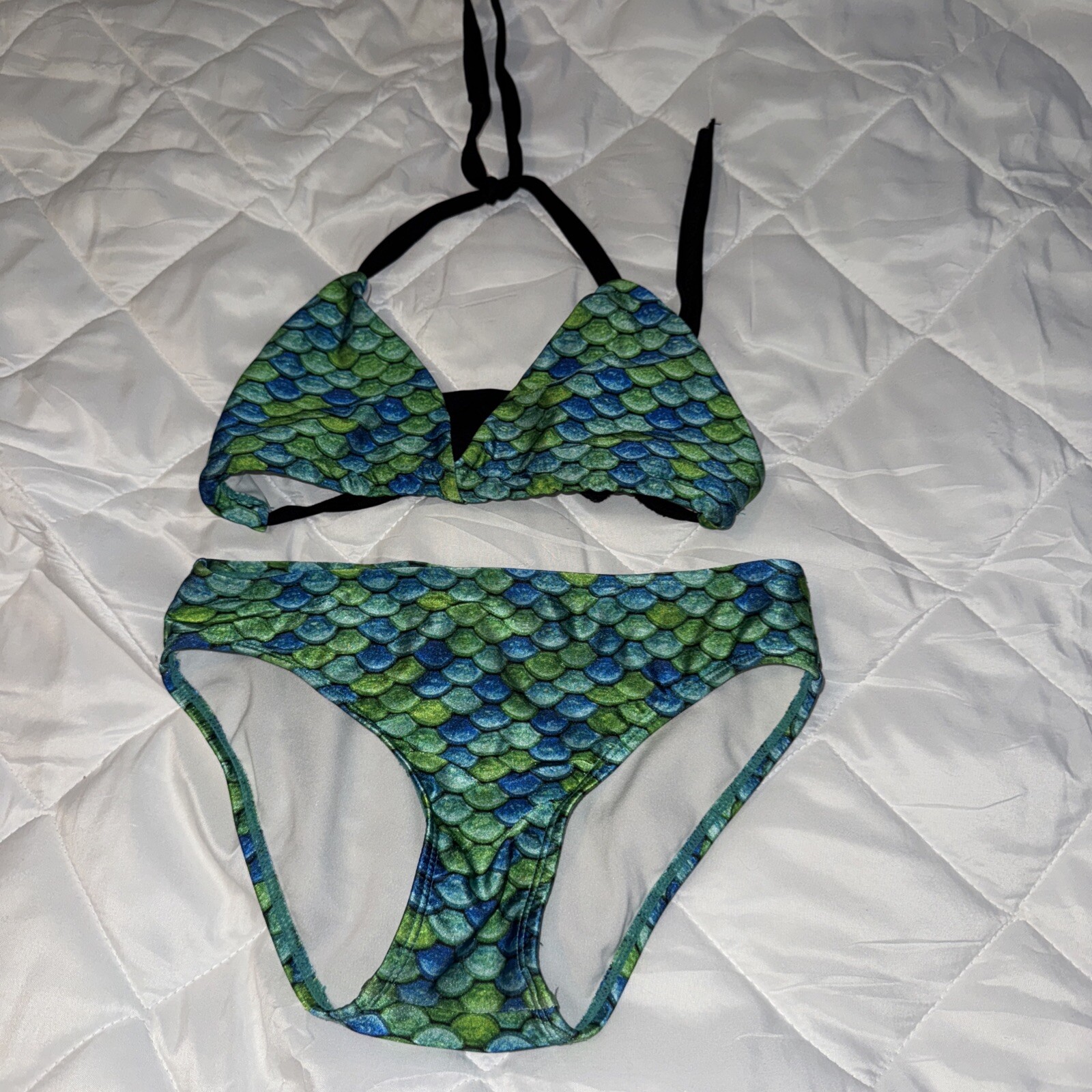 Fin Fun Mermaid Girls Size Large Bikini Blue Green Two Piece Swimsuit Mermaidens