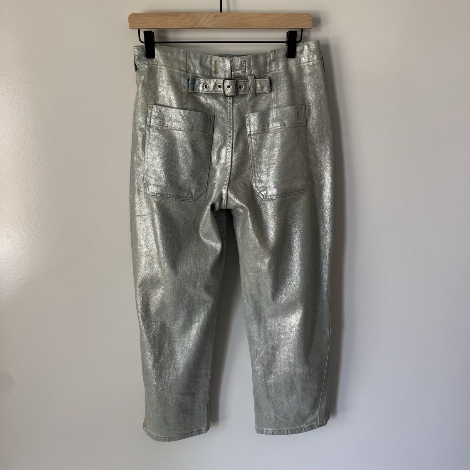 Pilcro Anthropologie Arin Mid Rise Crop Wide Barrel Jeans Coated Silver 26P