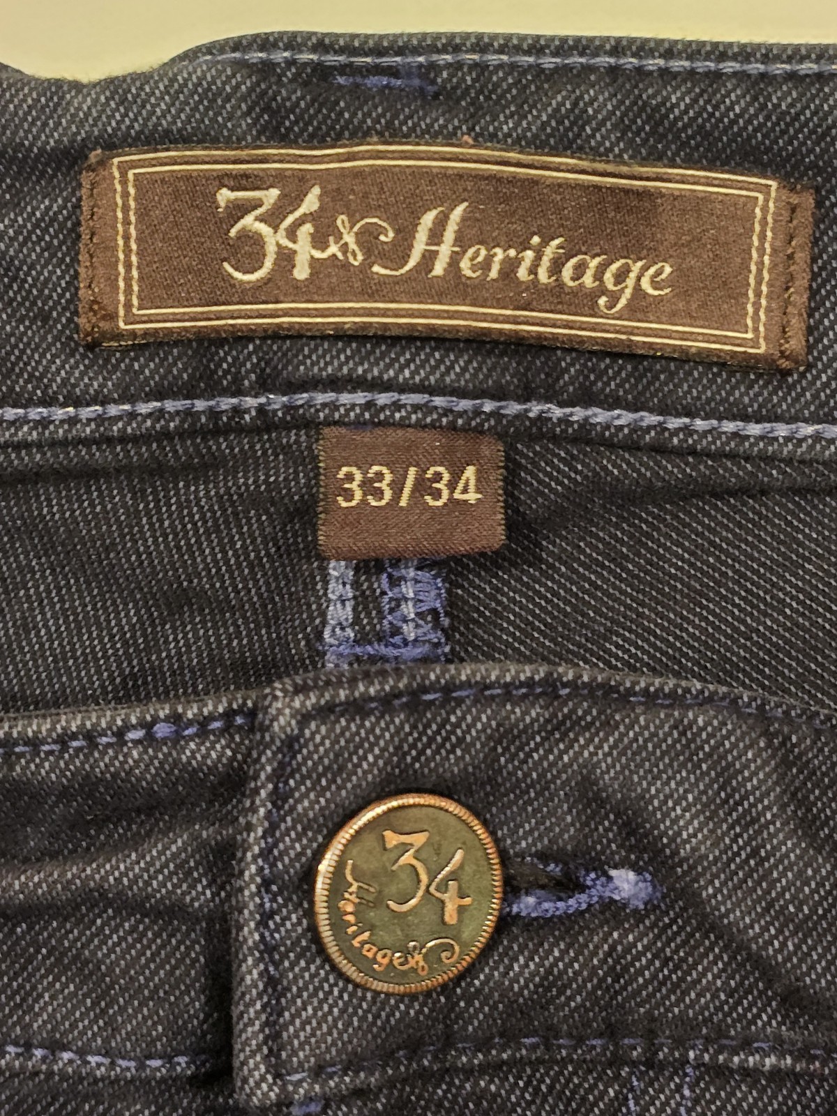 34 Heritage Courage Jeans Mens 33×34 Mid Rise Straight Dark Blue Stretch Denim