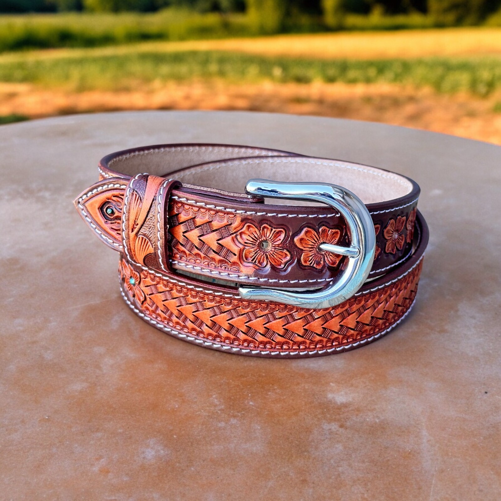 Western Belt Handmade Men’s Full Grain Leather With Buckle Tolled Cowboy Belt