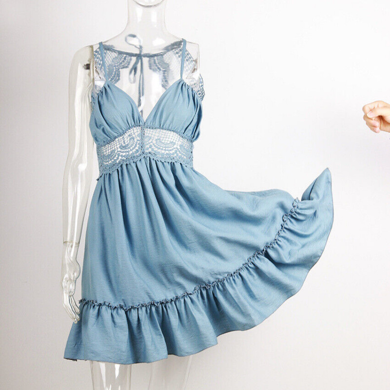 New Women Boho Lace Backless Dress Sexy Summer Beach Ruffle Flare Mini Sundress