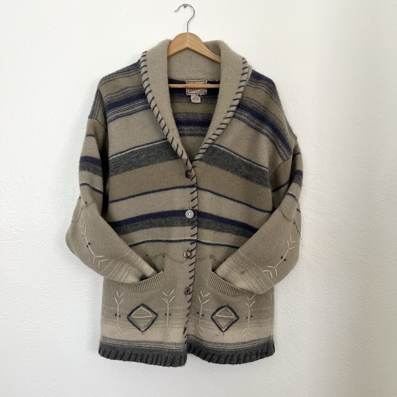 Woolrich Oversized Sweater Tan/Blue Striped Pockets Embroidered Button Up Size S