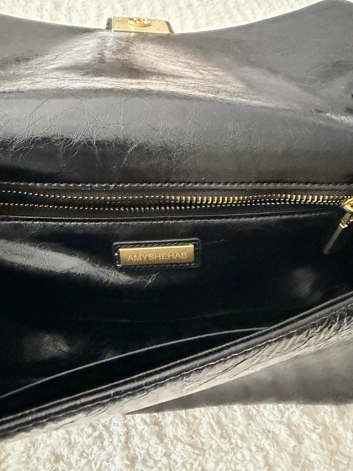 AMYSHEHAB Black Shoulder Bag Flap Closure Gold Hardware Dust Bag Pockets