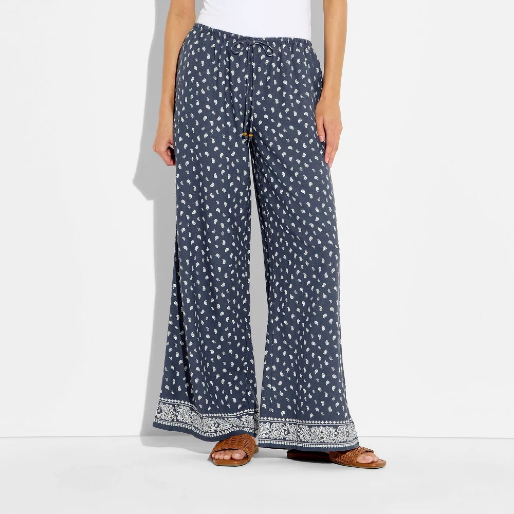 Women Low-Rise Baggy Leg Linen Pull-On Pants – Wild Fable Navy Blue