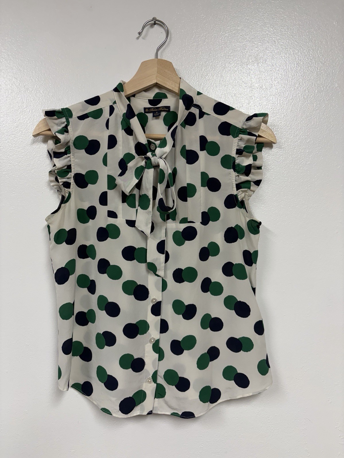 Brooks Brothers Green White Blue Dot Print Silk Tie Neck Blouse 4