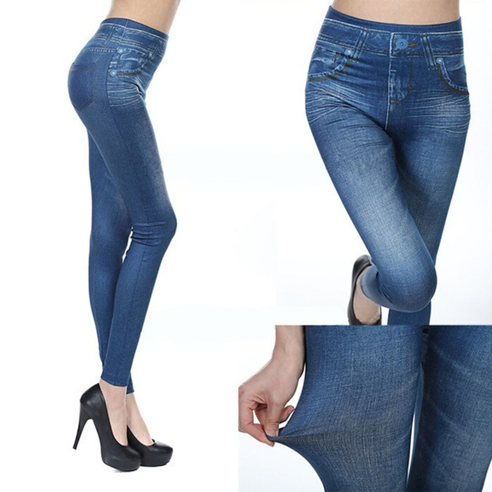 High Waist Jeggings Faux Denim Jeans Leggings Tummy Control Printed Pencil Pants